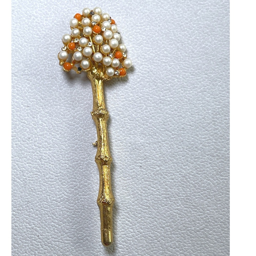 Vintage DeNicola Figural Tree Brooch Faux Pearl Coral Cabochon Rhinestone 4"